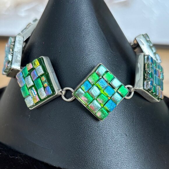 Dichroic Glass & Sterling Silver Bracelet Blues - Picture 3 of 8